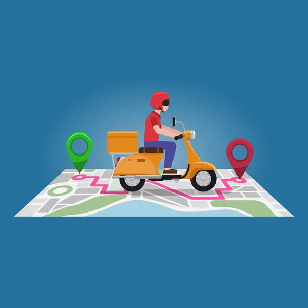 Livraison rapide et gratuite en scooter sur la carte de navigation avec des points d'épingle. Illustration vectorielle couleur plate et unie de style catoon. — Image vectorielle