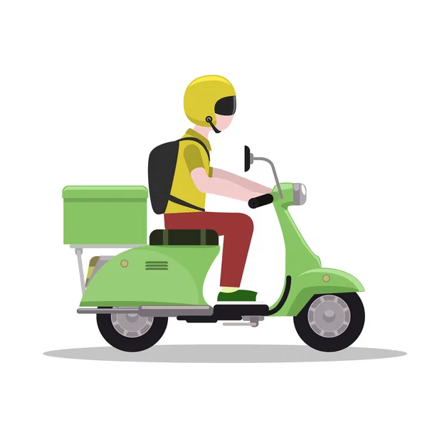 Casque homme à cheval sur scooter ou moto. Concept de livraison. Illustration vectorielle couleur plate et unie. — Image vectorielle