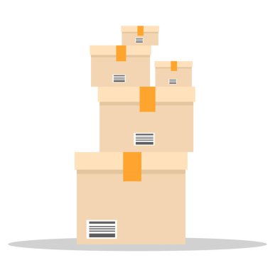 Bir yığın kutu. Farklı boyutlarda karton yığını. Düz ve katı renk vektörü çizimi.