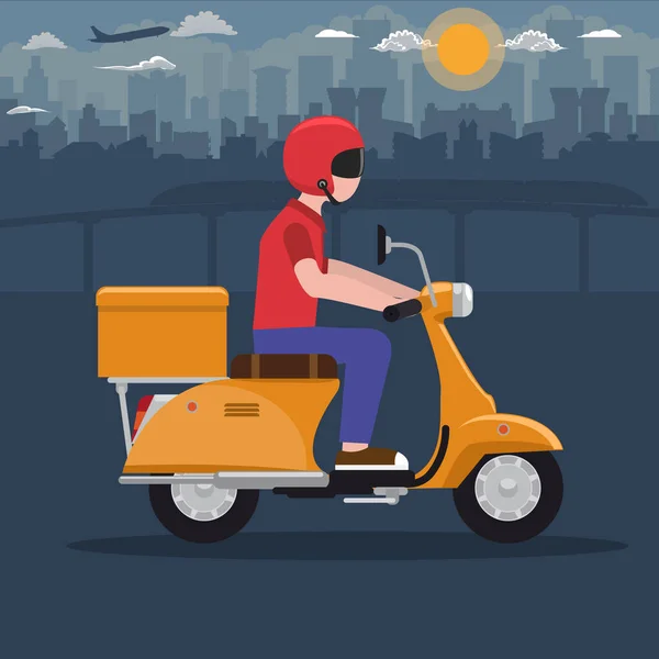 Mann mit Helm auf Roller oder Motorrad unterwegs. Lieferkonzept. Flache und einfarbige Vektorabbildung. — Stockvektor