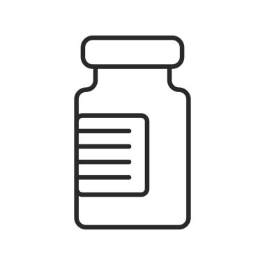 İlaç şişesi ince çizgi ikonu. Aşı şişesi siyah ana hatları ya da çizgi sanatı. Vektör illüstrasyonu.