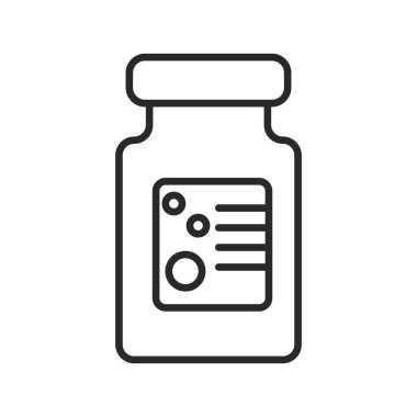 İlaç şişesi ince çizgi ikonu. Aşı şişesi siyah ana hatları ya da çizgi sanatı. Vektör illüstrasyonu.