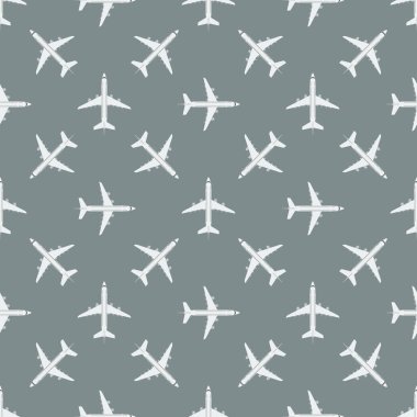 Graye arka planında beyaz üst hava manzaralı uçak. Uçuş konsepti dokusu vektör çizimi.