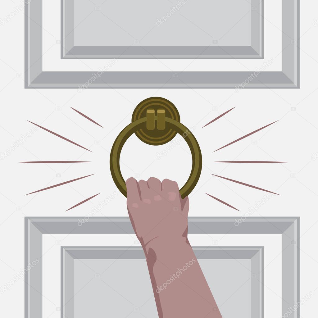 Hand knock on the door of the room. Flat and solid color vector illustration.