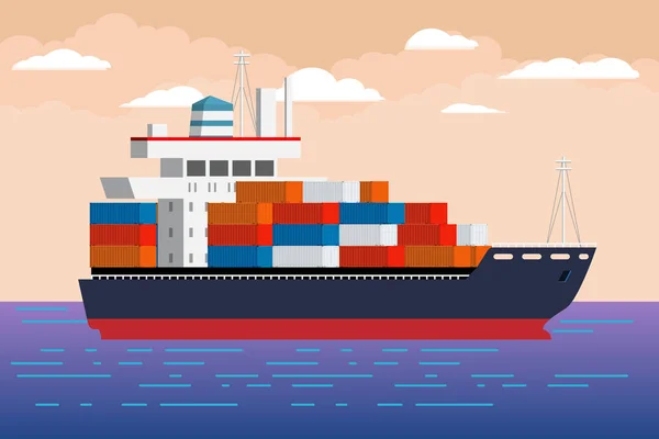 Schip met vrachtcontainer. Vlakke en solide kleur vector illustratie. — Stockvector