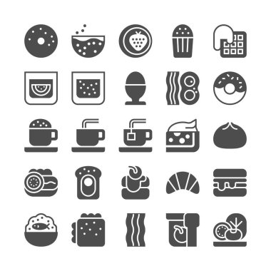 Kahvaltı ikonu hazır. Sabah sağlıklı yemek menüsü. Mısır gevreği, krep, rafadan yumurta, pastırma, sıcak çikolata, kahve ve daha fazlası. Vektör illüstrasyonu, katı biçim.