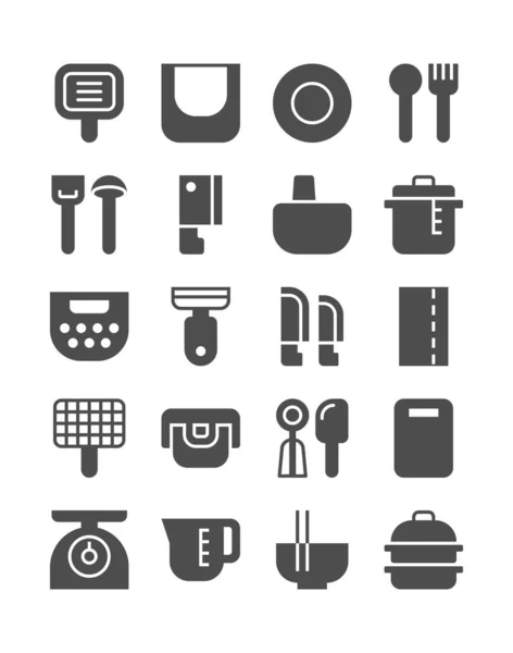 Mutfak ekipmanı ikonu seti. Yemek pişirmek için alet edevat ve yemek takımı. Demir tava, buhar tenceresi, dondurma kepçesi, bıçak ve daha fazlası. Vektör illüstrasyonu, katı biçim.