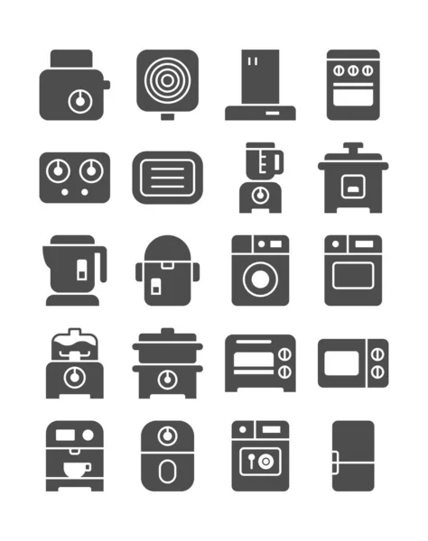 Mutfak elektrikli alet ikonu seti. Havalandırma, fırın, ızgara, meyve blendırı, buhar tenceresi, kahve makinesi, bulaşık makinesi ve daha fazlası. Vektör illüstrasyonu, katı biçim.