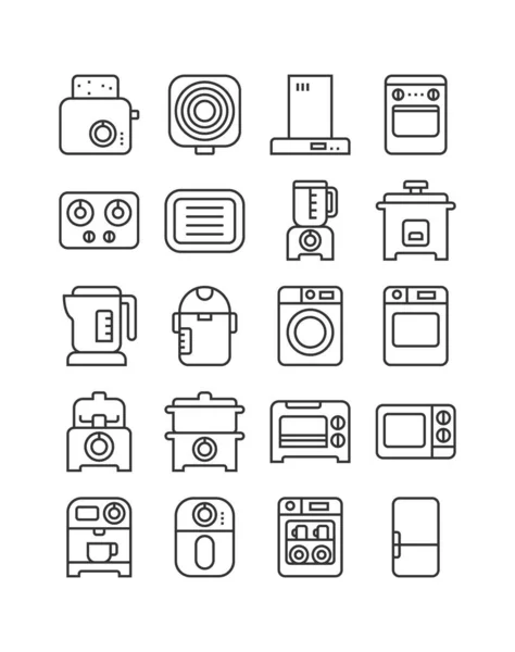 Mutfak elektrikli alet ikonu seti. Havalandırma, fırın, ızgara, meyve blendırı, buhar tenceresi, kahve makinesi, bulaşık makinesi ve daha fazlası. Vektör illüstrasyonu, taslak biçimi, düzenlenebilir vuruş.