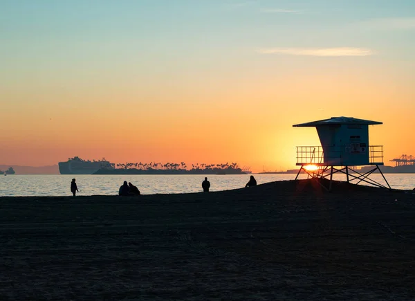 Coucher Soleil Sauveteur Des Visiteurs Près Long Beach — Photo