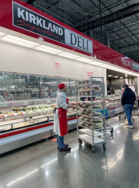 McKinney, TX USA - 22 Şubat 2021: Costco Deli çalışanı şarküteri tabağını rafa dolduruyor