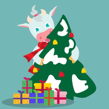 Şirin çizgi film ineği mavi arka planda bir Noel ağacı tutuyor.