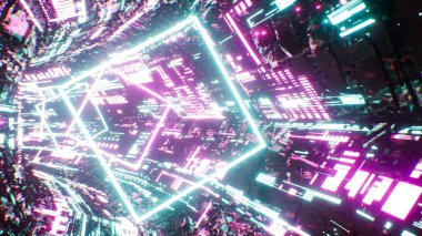 Shining Cyberpunk Pattern Light Tunnel 3D Rendering