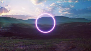 Kuru zemin üzerinde Retro Style Vaporwave Neon Circle Light, Doğa Arkaplanı