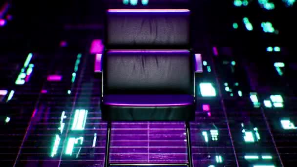 ブラックチェアとサイバーパンクスタイルテクノロジーブラックタイルオフィスフロアの光データフロー ループビデオ — ストック動画