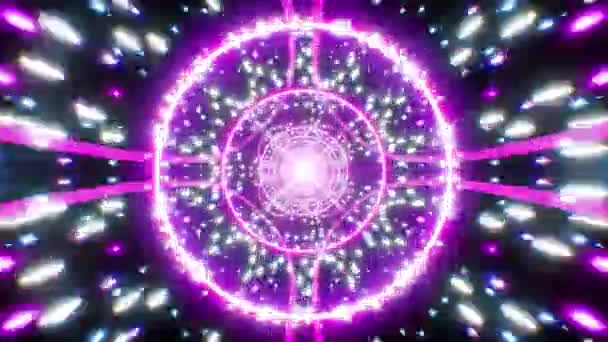 Brillantes Partículas Luz Brillante Líneas Púrpuras Túnel Loops — Vídeo de stock