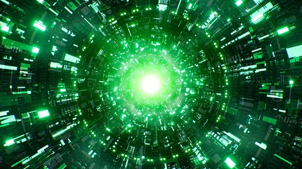 Świecące Zielone Światło Rozbłysk Energii Matrix Binary Data Tunnel Backround — Zdjęcie stockowe