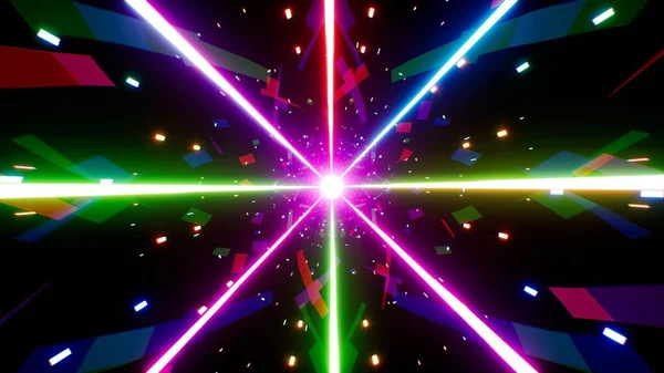 Koncepcja Disco Kolorowe Promienie Świetlne Tło Confetti Efekt — Zdjęcie stockowe