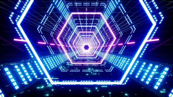 Futurystyczna Technologia Cyfrowy Sześciokąt Kształt Neon Light Tunnel — Zdjęcie stockowe