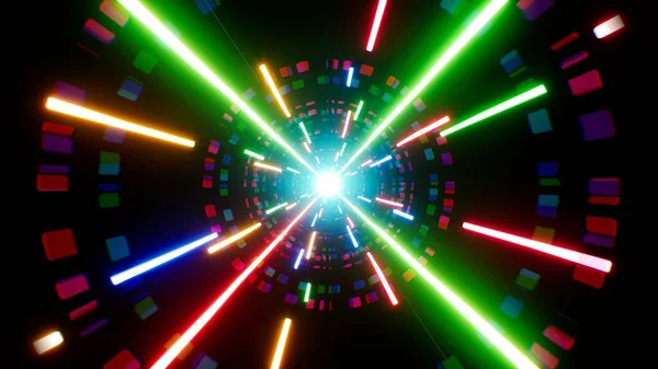 Bunte Neonlichter Und Leuchtende Strahlen Hintergrund Der Disco Konzeptkunst — Stockfoto