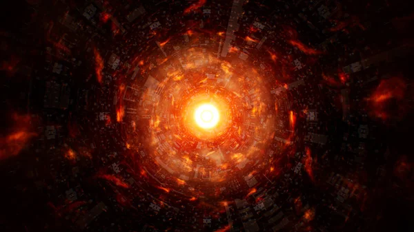 Parlayan Ateş Parçacıkları ve İçerideki Mekanik Şablon Tüneli