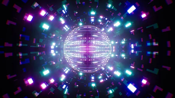 Çerideki Neon Işık Tünelinde Parlayan Parlayan Disko Ayna Topu — Stok fotoğraf