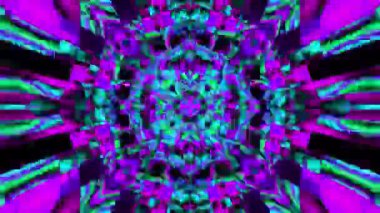 Neon rengi mozaik kaleydoskop. Parlayan geometrik fayanslar var. Simetrik psikedelik desenler ve parlak parlak renkler..