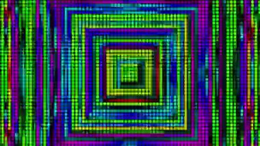 Renkli noktalı LED paneli, ritmik titreşimli ışıklar ve dinamik dijital görsel efektlerle parıldayan soyut arkaplan.