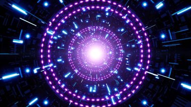 Parlayan mor daire ışıklarıyla aydınlatılan fütürist bir bilim kurgu tüneli.