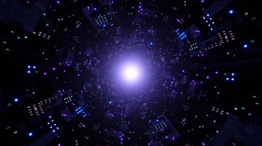 Çok şekilli lambaları olan parıltılı bir bilim kurgu tüneli.