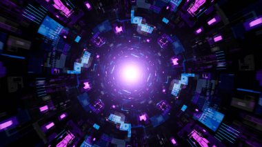 Dinamik ışık efektleriyle parlayan renkli bir teknoloji tüneli.