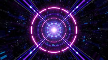 Fütürist dijital ışık efektleriyle parlayan bir siber teknoloji tüneli.