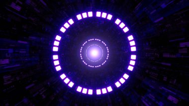 Soyut dijital enerjili fütüristik bir teknik desen içinde parlayan mor daire ışığı.
