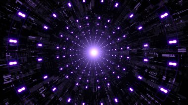 Fütürist bir teknoloji tünelini aydınlatan parlak çoklu lambalar..