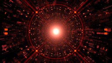 Kırmızı mekanik teknoloji tüneli fütürist enerjiyle parlıyor..