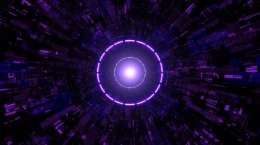 Bilim kurgu tünelinde parlayan parlak mor daire ışığı..