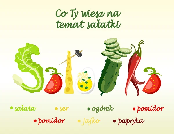 Grafik grafik / Lehçe dil gösterimi. Grafik Yazıt: salata. Yeme çizimlerle oluşturduğu harf