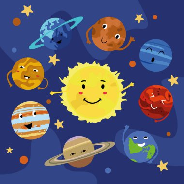 Güneş Sistemi 'nin karikatür gezegenleri uzayda sevimli yüzlere sahipler. Merkür, Venüs, Dünya, Mars, Jüpiter, Satürn, Uranüs, Neptün, Güneş. Galaksideki yıldızlar. Vektör illüstrasyonu.