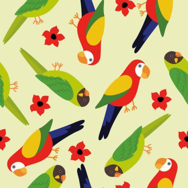 Parlak renkli papağanların kusursuz deseni. Duvar kağıdı ve tekstil. 