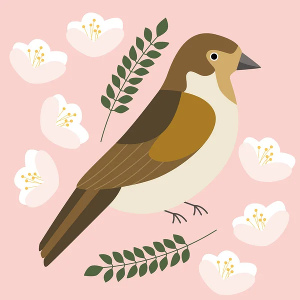 A cute sparrow surrounded by flowers on a pink background. — Stock Vector