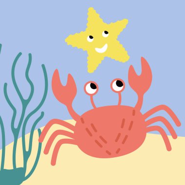 Pençeli kırmızı bir yengeç ve deniz tabanında oynayan bir denizyıldızı. Kısa kuyruklu kerevit ve sarı yıldız sevimliler. Denizci baskısı, balıklı duvar kağıdı, poster, arka plan, boyama. Vektör illüstrasyonu