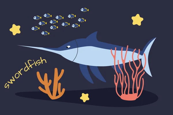 Θηλυκό Πριόνι Ψαριών Απομονωμένο Σκούρο Μπλε Φόντο Διάνυσμα Απεικόνιση Των — Διανυσματικό Αρχείο
