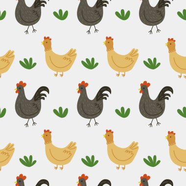 Gri arka planda tavuk ve horoz desenleri var. Duvar kağıdı, tekstil, baskı. Vektör düz resimleme.