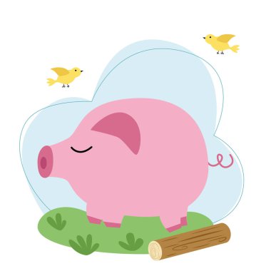 Gökyüzü ve çimenlerin arka planında pembe bir domuz olan vektör illüstrasyonu.