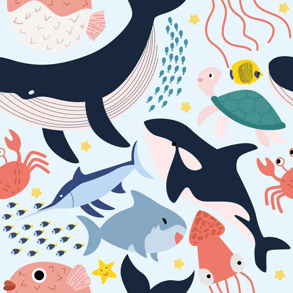 海动物 刺猬鱼 锯鱼的无缝图案 — 图库矢量图片