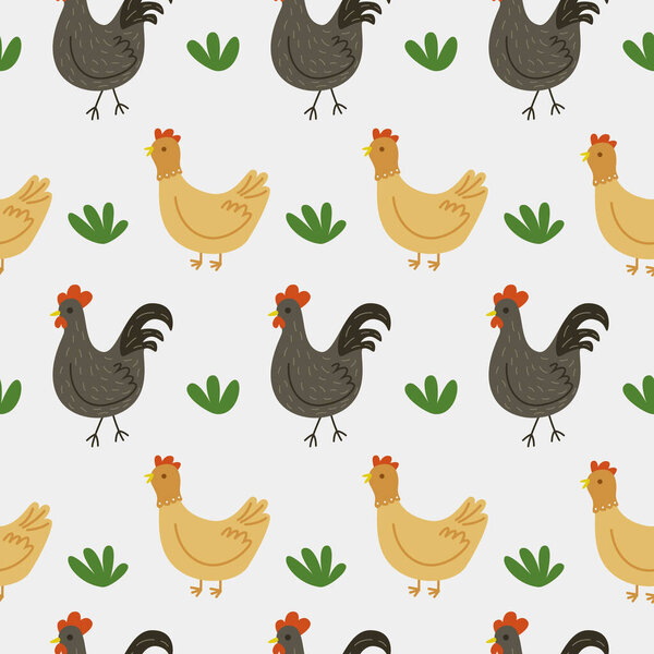 Seamless pattern with chicken and rooster on a gray background. Wallpaper, textiles, print. Vector flat illustration.