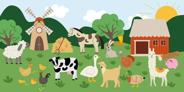 Bir grup kırsal hayvan ve çiftlik. Lama, koç, koyun, inek, domuz, at, keçi, ördek, tavşan, tavuk, tavuk, horoz, kaz değirmeni, yabası, evi, saman yığını, ağacı olan bir köyde.