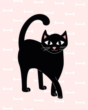 Kara kedi kemikleri olan pembe bir arka planda duruyor. Vektör illüstrasyonu.