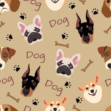 Tür köpeklerinde kusursuz desen: av köpeği, doberman, corgi, Fransız bulldog, Jack Russell. Bej arka planda sevimli bir hayvan olan vektör çizim dairesi.