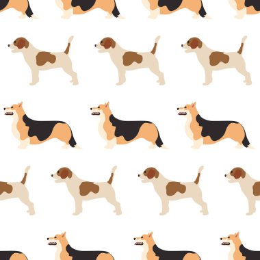 Corgi ve av köpeklerinde kusursuz bir iz var. Beyaz arka planda sevimli bir evcil hayvan olan vektör çizimi düzlüğü.